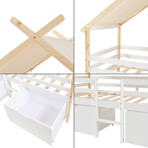 Kinderbed Surnadal Huisbed met dak 2 lades en trapje 200x90 cm wit en naturel [en.casa]