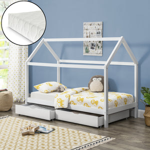 Kinderbed met 2 lades en matras huisbed 200x90 cm wit