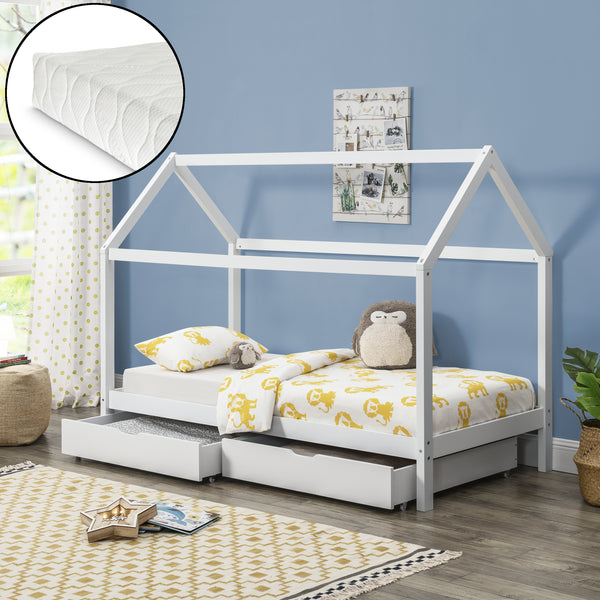 Kinderbed met 2 lades en matras huisbed 200x90 cm wit