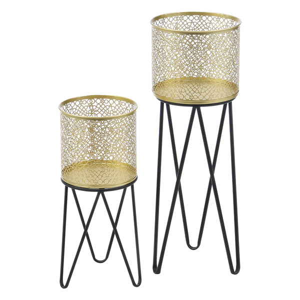 Bloempot op standaard Marchin set van 2 zwart en goud