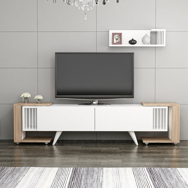 [en.casa] TV meubel met wandplank en 2 bijzettafels Glostrup Eiken en wit