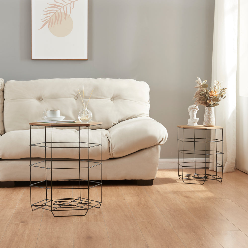 Bijzettafel - Set Hørsholm 2-delig Set Metalen Mand Zwart / Houtkleur [en.casa] - premiumXL