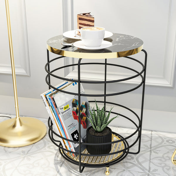 [en.casa] Bijzettafel Padasjoki rond met 1 plank 55xØ40 cm goudkleurig en zwart marmerlook