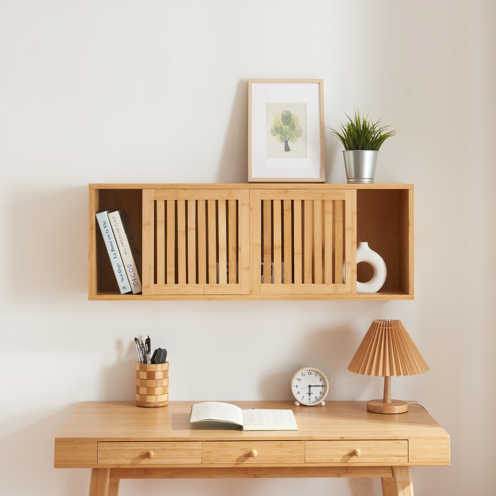 Wandrek Grums met twee schuifdeuren 92,5x20x33cm bamboe [en.casa] - premiumXL