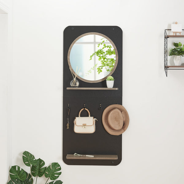 Wandkapstok Helsinge met spiegel en planken 140x59,5x16 cm zwart en houtkleurig [en.casa]