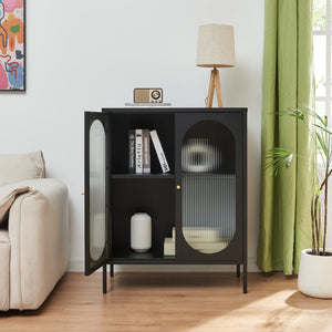Dressoir Karlskrona metaal met geribbeld glas zwart 101x80x40 cm [en.casa]