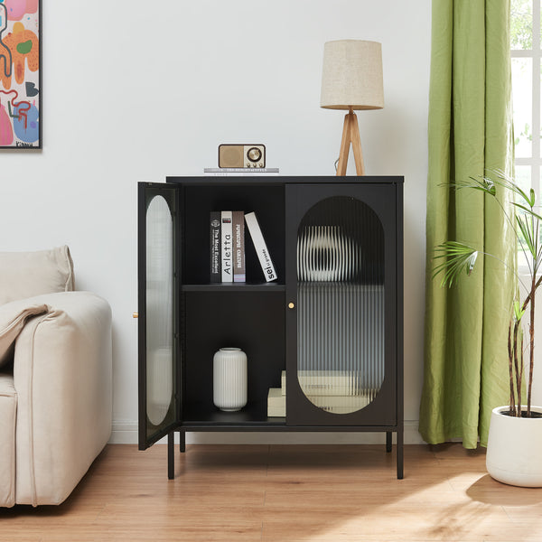 Dressoir Karlskrona metaal met geribbeld glas zwart 101x80x40 cm [en.casa]