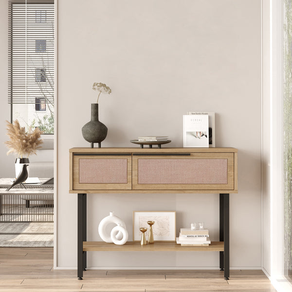 Console tafel Kvænangen 100x29,5x76 cm eikenkleurig rotan look en zwart [en.casa]