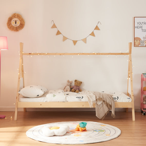 Kinderbed Siikajoki Tipi hoog uitvoering met matras 90x200 cm naturel en wit [en.casa]