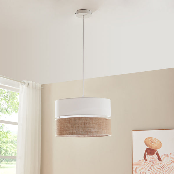 Hanglamp Barton E27 stoffen lampenkap wit en linnenlook lux.pro