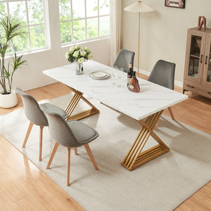 Eettafel Hujaari rechthoekig 180x80 cm goudkleurig en marmerlook wit [en.casa]