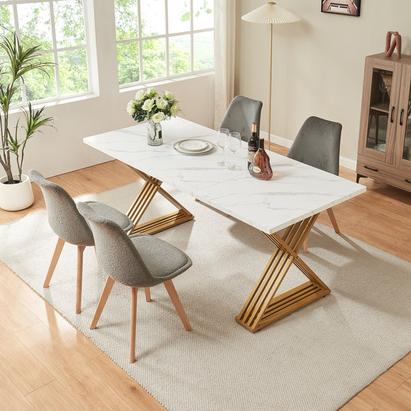 Eettafel Hujaari rechthoekig 180x80 cm goudkleurig en marmerlook wit [en.casa]