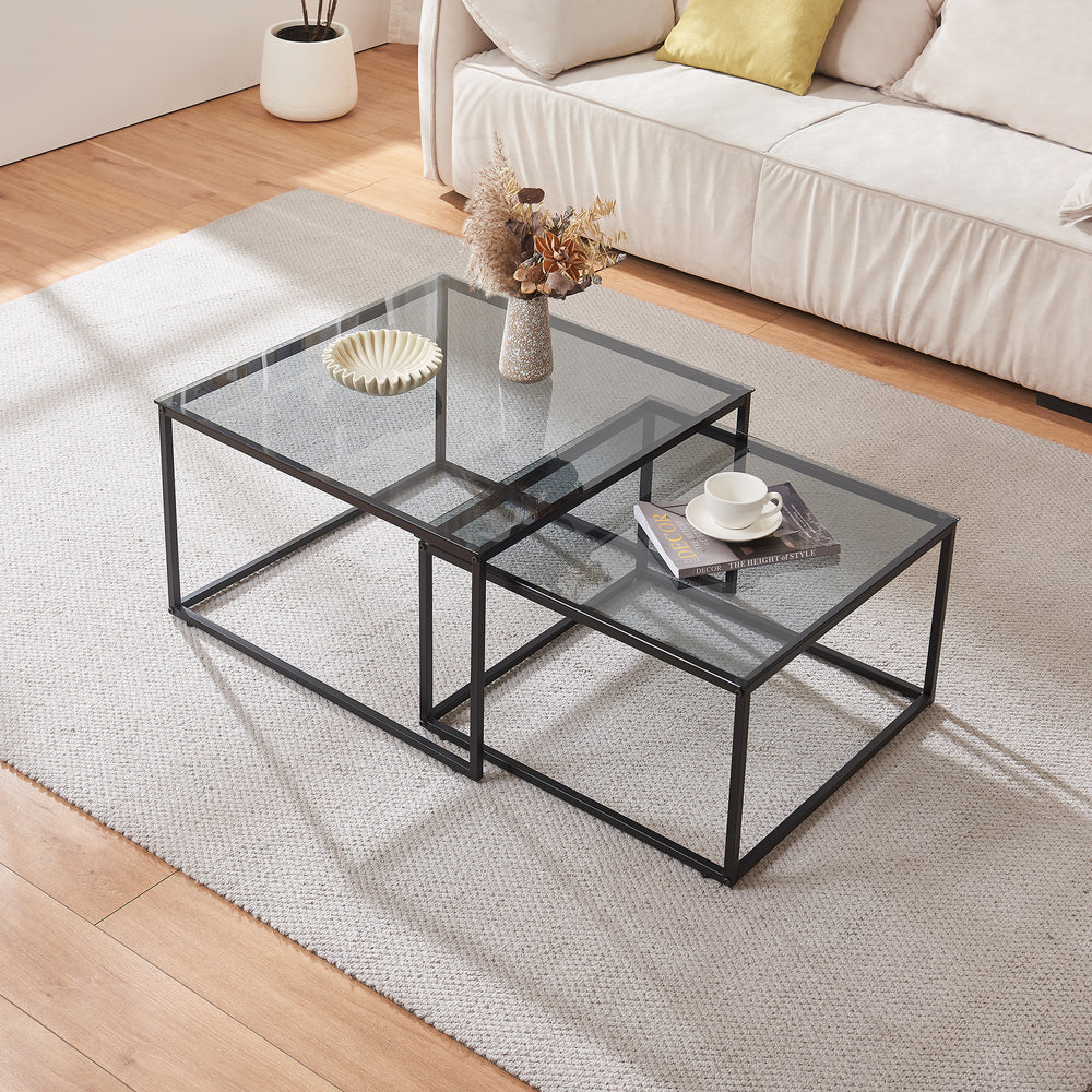 Salontafel 2-delig set Tromlaslo rookglas, grijs [en.casa] - premiumXL
