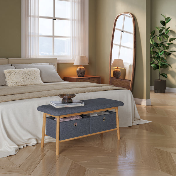 Zitbank Vad met 2 opbergdozen 90x30x45 cm Natuur/Grijs [en.casa]