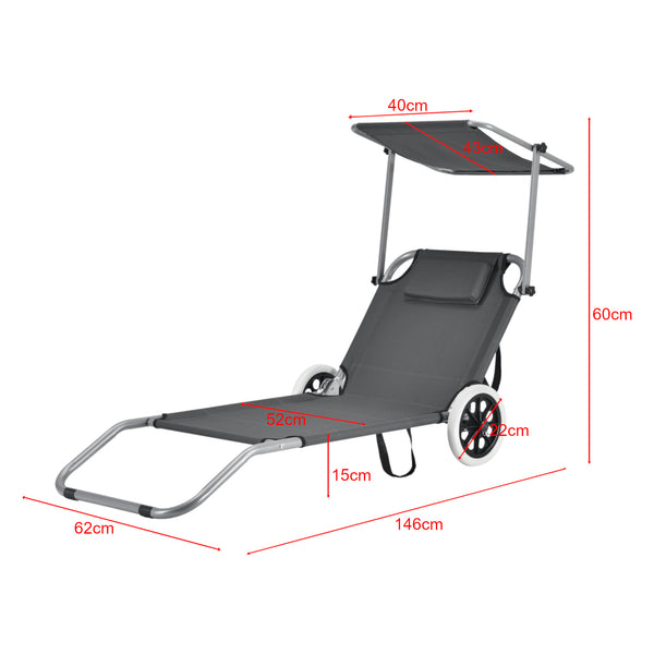 Inklapbare ligbed met luifel en wielen set van 2 donkergrijs