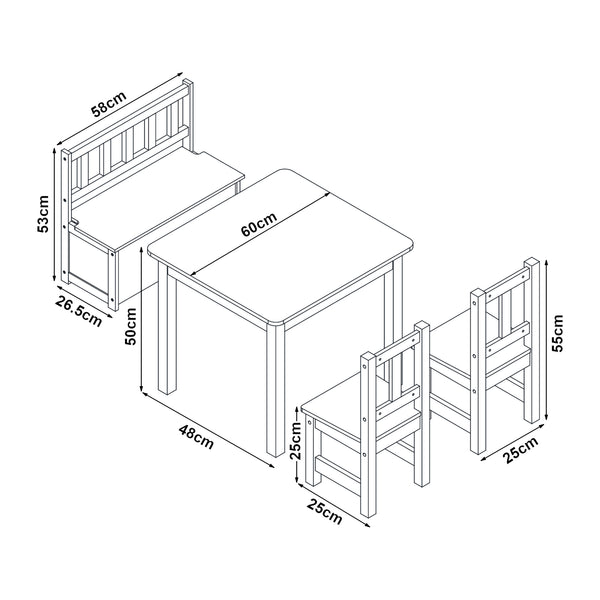 [en.casa] Kindertafel Lousame met 2 stoelen en 1 bank hout en wit