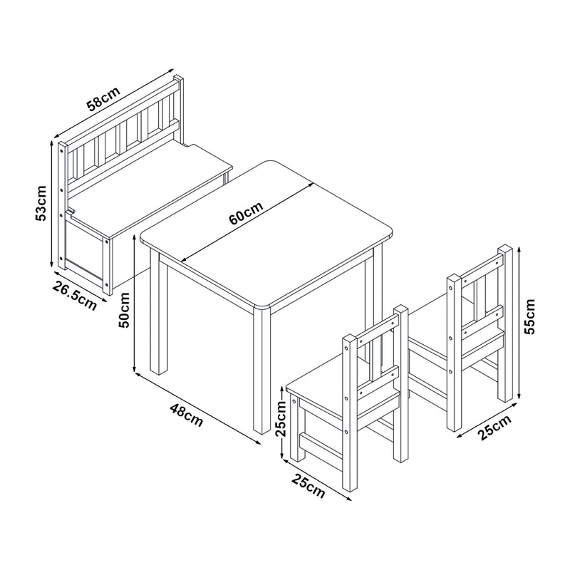 Maatschets [en.casa] Kindertafel Lousame met 2 stoelen en 1 bank hout en wit