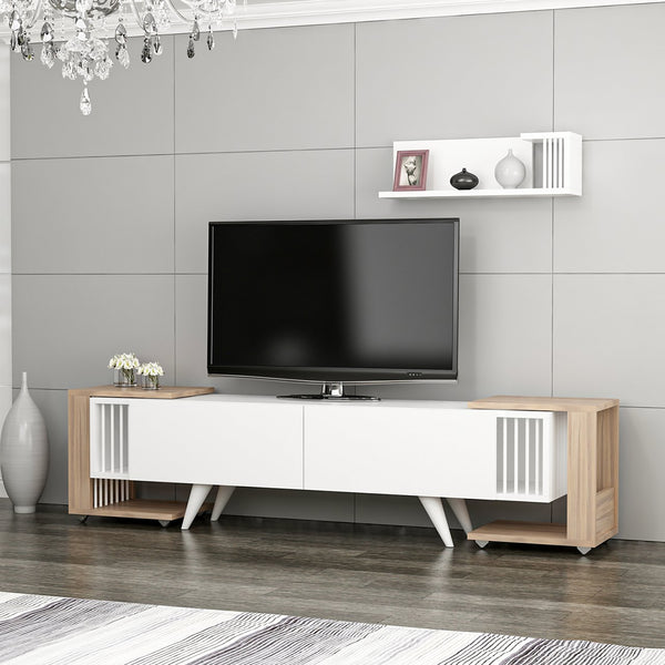 [en.casa] TV meubel met wandplank en 2 bijzettafels Glostrup Eiken en wit