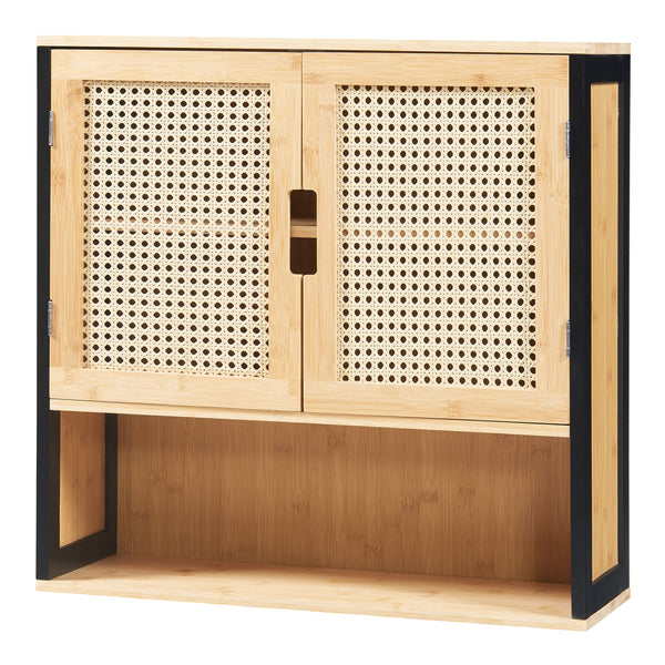 Badkamerkast Tervola zwevend 60x60x20 cm zwart naturel en rotan look [en.casa]