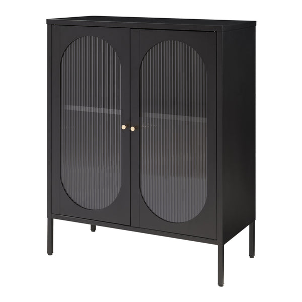 Dressoir Karlskrona metaal met geribbeld glas zwart 101x80x40 cm [en.casa]