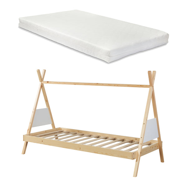 Kinderbed Siikajoki Tipi hoog uitvoering met matras 90x200 cm naturel en wit [en.casa]