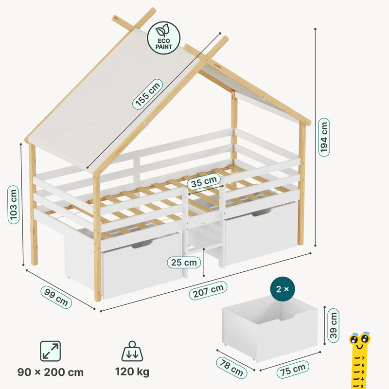 Maatschets Kinderbed Surnadal Huisbed met dak 2 lades en trapje 200x90 cm wit en naturel [en.casa]