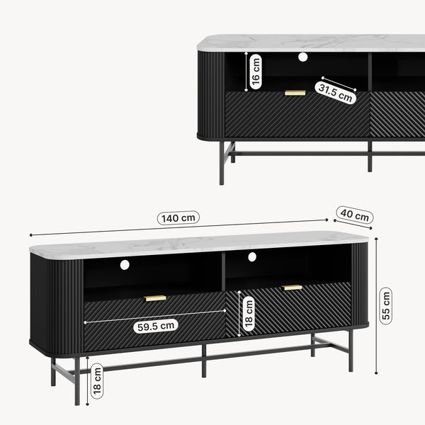 TV-Lowboard Olvehok 140x40x55 cm Zwart/Marmerlook, wit [en.casa]
