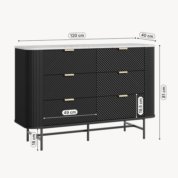 Ladekast Olvehok met 6 lades 81x120x40 cm marmerlook wit en zwart [en.casa] 