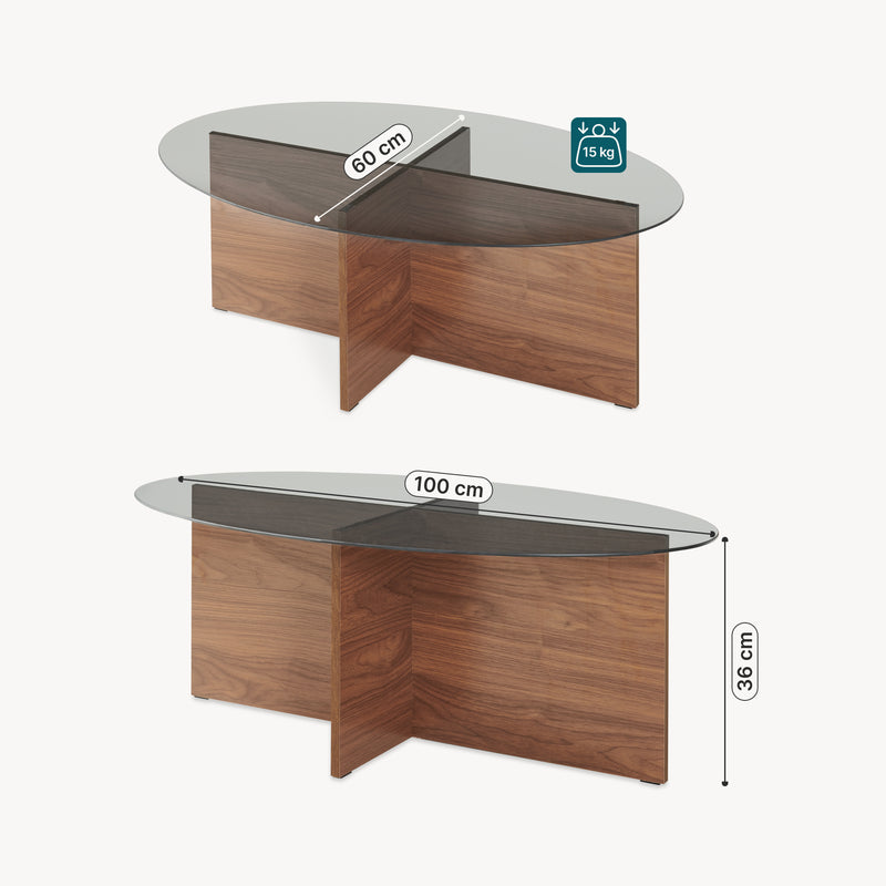 Maatschets Salontafel Viroya ovaal glas 100x60x36 cm walnootkleurig en grijs [en.casa] 