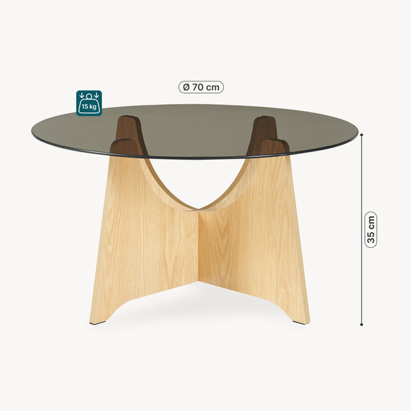 Salontafel 'Omlar' met glazen blad rond Ø70 x 35 cm eikenlook / rookgrijs