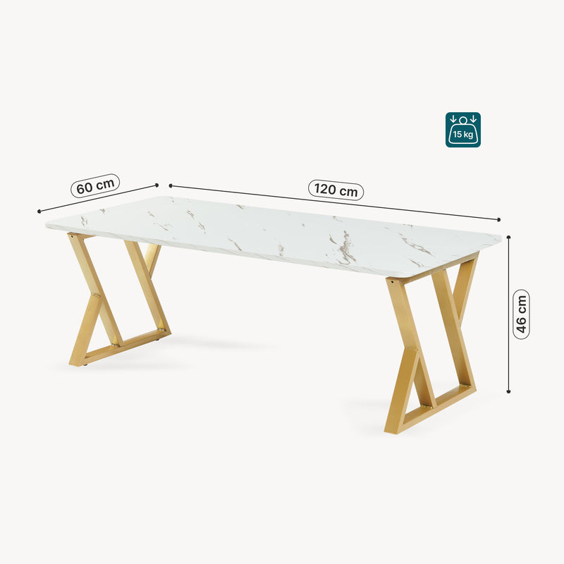 Maatschets Salontafel Nolu 120x60x46 cm Goudkleurig/Marmerlook, wit [en.casa]