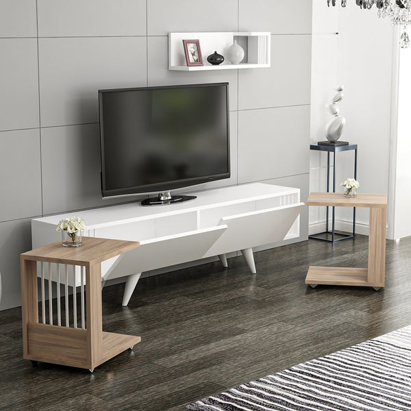 [en.casa] TV meubel met wandplank en 2 bijzettafels Glostrup Eiken en wit