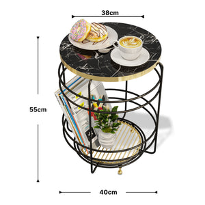 [en.casa] Bijzettafel Padasjoki rond met 1 plank 55xØ40 cm goudkleurig en zwart marmerlook