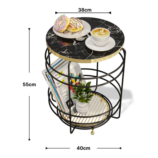 [en.casa] Bijzettafel Padasjoki rond met 1 plank 55xØ40 cm goudkleurig en zwart marmerlook