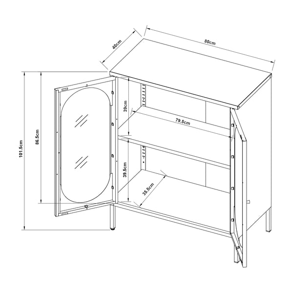 Dressoir Karlskrona metaal met geribbeld glas zwart 101x80x40 cm [en.casa]