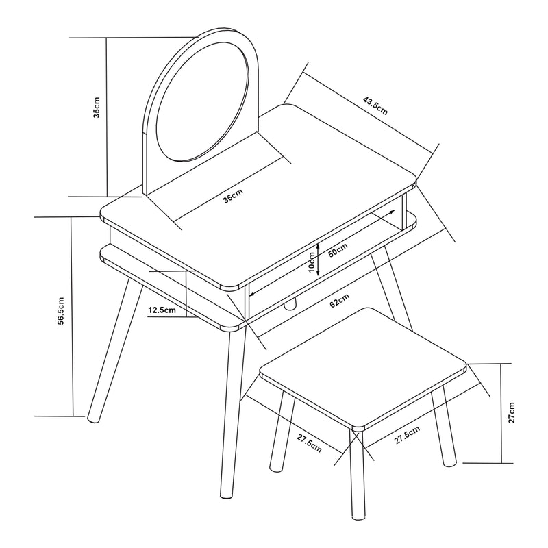 Maatschets Kaptafel Ovanåker met krukje en spiegel voor kinderen naturel en wit [en.casa]