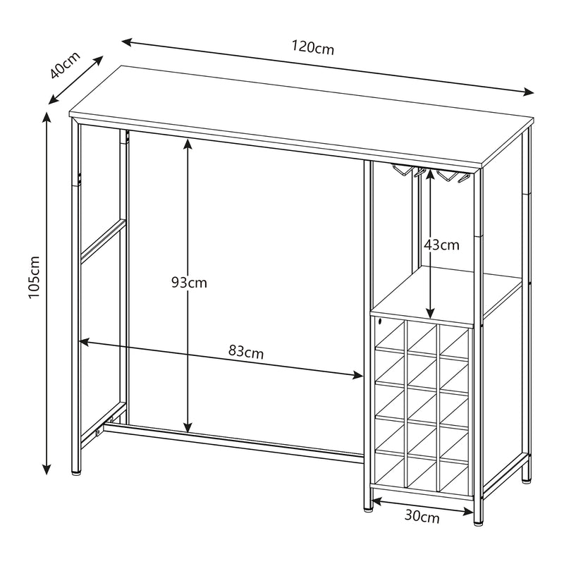 Maatschets Bartafel Trøndelag met wijnrek 120x40x105 cm zwart en walnootkleurig [en.casa]