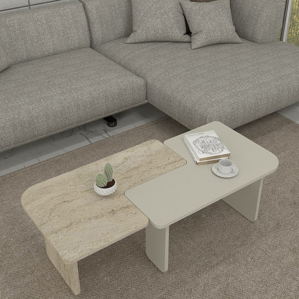 Salontafel Boneksbelt 2-delig travertijn en zandsteen 75x75x38 cm [en.casa] 