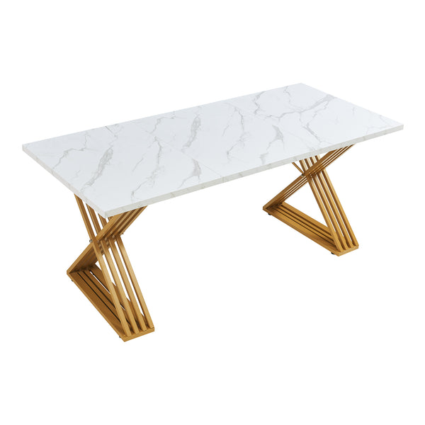 Eettafel Hujaari rechthoekig 180x80 cm goudkleurig en marmerlook wit [en.casa]
