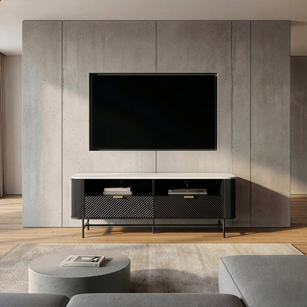 TV-Lowboard Olvehok 140x40x55 cm Zwart/Marmerlook, wit [en.casa]
