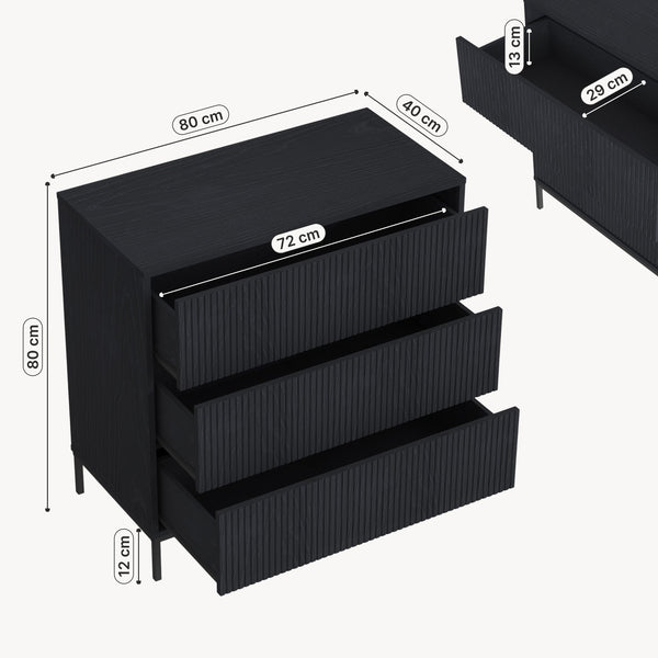 Ladekast Nykapin commode met 3 lades 80x80x40 cm zwart [en.casa] 
