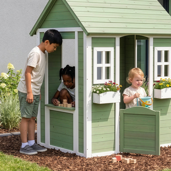 Kinderspeelhuis Kuoldsvin Dennenhout 144x102x90 cm Groen/Wit [en.casa]