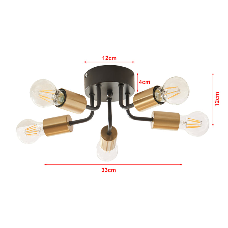 Maatschets Plafondlamp Barrow 5-lichts zwart en goud E27 Ø33 cm lux.pro