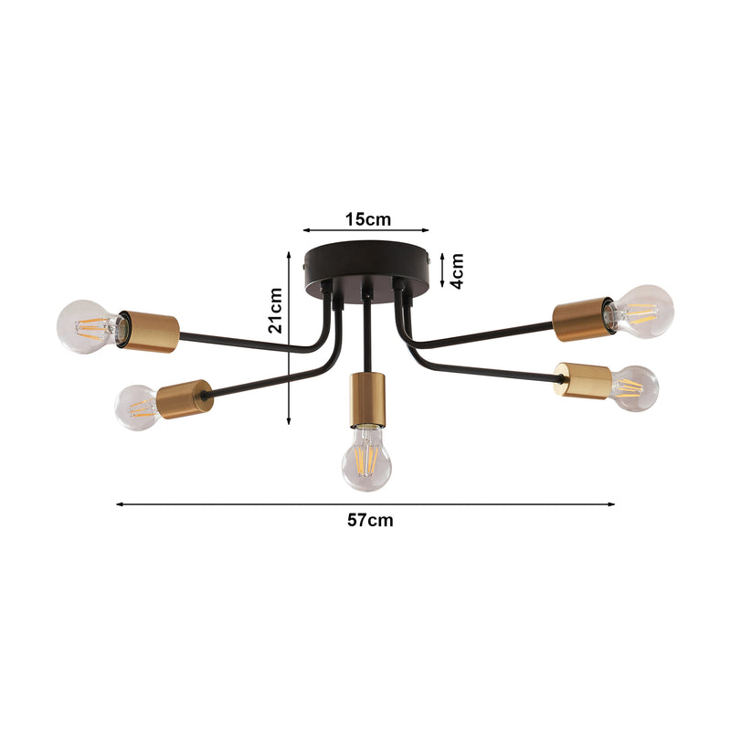 Maatschets Plafondlamp Benfleet 5-lichts 5xE27 zwart en messing lux.pro