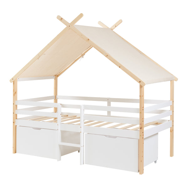 Kinderbed Surnadal Huisbed met dak 2 lades en trapje 200x90 cm wit en naturel [en.casa]
