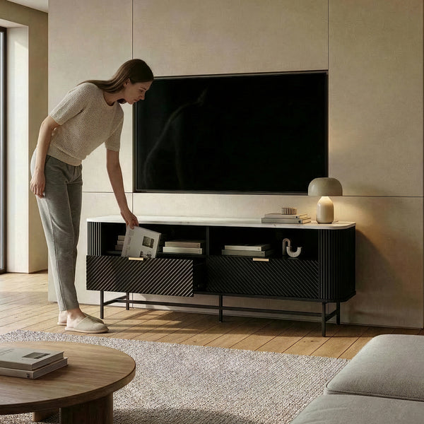 TV-Lowboard Olvehok 140x40x55 cm Zwart/Marmerlook, wit [en.casa]