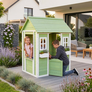 Kinderspeelhuis Kuoldsvin Dennenhout 144x102x90 cm Groen/Wit [en.casa]