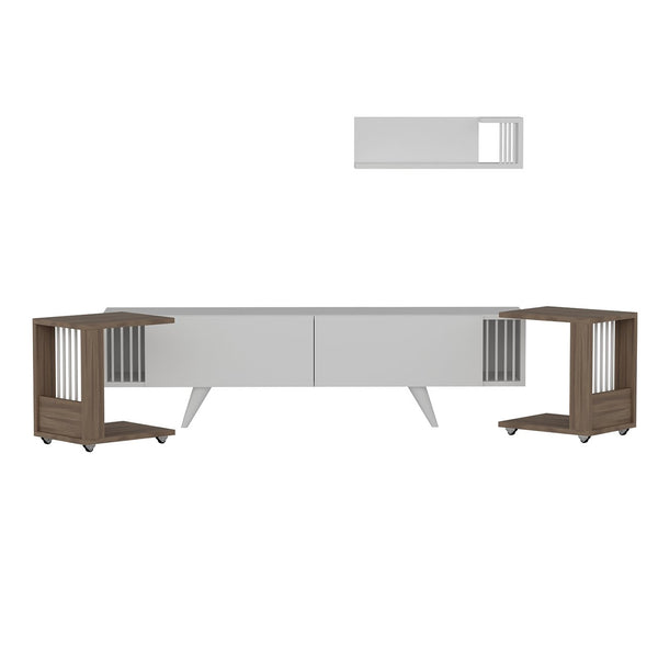 [en.casa] TV meubel met wandplank en 2 bijzettafels Glostrup Eiken en wit