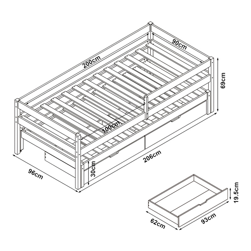 Maatschets Kinderbed Sonkajärvi met onderschuifbed en matras 90x200 cm naturel [en.casa]