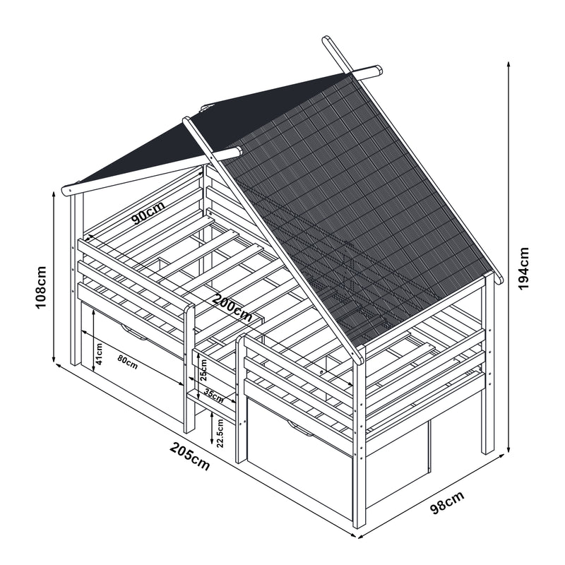 Maatschets Kinderbed Surnadal Huisbed met dak 2 lades en trapje 200x90 cm wit en naturel [en.casa]